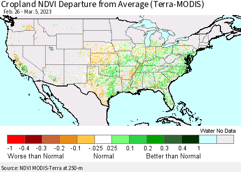 United States Cropland NDVI Departure from Average (Terra-MODIS) Thematic Map For 2/26/2023 - 3/5/2023