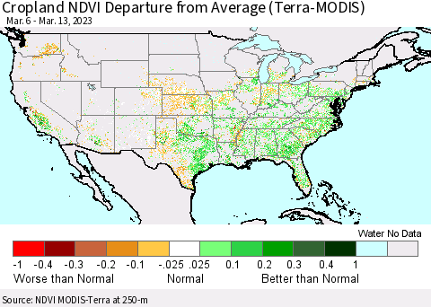 United States Cropland NDVI Departure from Average (Terra-MODIS) Thematic Map For 3/6/2023 - 3/13/2023