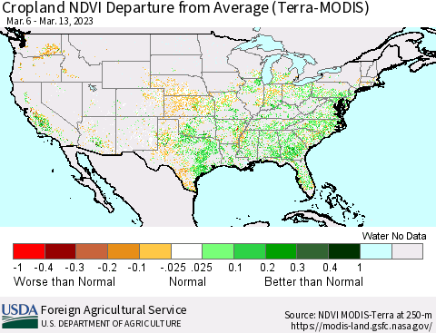 United States Cropland NDVI Departure from Average (Terra-MODIS) Thematic Map For 3/11/2023 - 3/20/2023