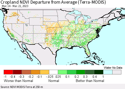 United States Cropland NDVI Departure from Average (Terra-MODIS) Thematic Map For 3/14/2023 - 3/21/2023