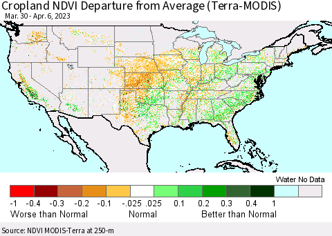 United States Cropland NDVI Departure from Average (Terra-MODIS) Thematic Map For 3/30/2023 - 4/6/2023
