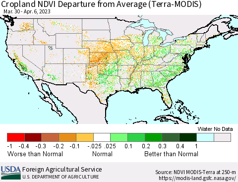 United States Cropland NDVI Departure from Average (Terra-MODIS) Thematic Map For 4/1/2023 - 4/10/2023