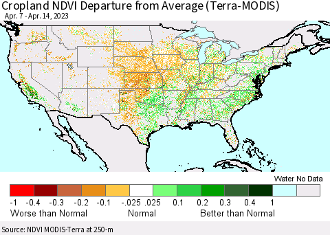 United States Cropland NDVI Departure from Average (Terra-MODIS) Thematic Map For 4/7/2023 - 4/14/2023