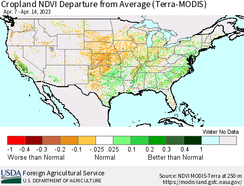 United States Cropland NDVI Departure from Average (Terra-MODIS) Thematic Map For 4/11/2023 - 4/20/2023