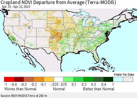 United States Cropland NDVI Departure from Average (Terra-MODIS) Thematic Map For 4/15/2023 - 4/22/2023