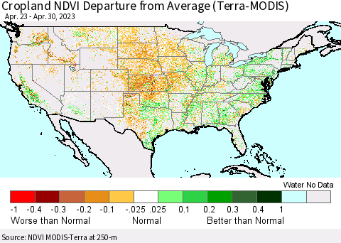 United States Cropland NDVI Departure from Average (Terra-MODIS) Thematic Map For 4/21/2023 - 4/30/2023