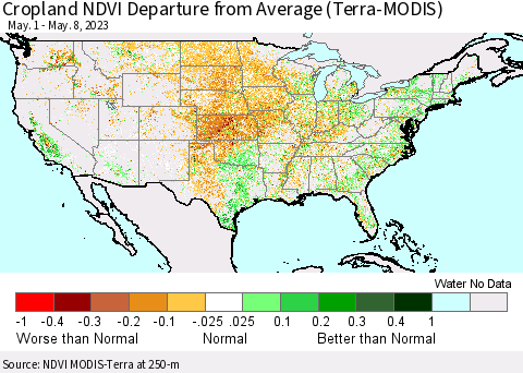 United States Cropland NDVI Departure from Average (Terra-MODIS) Thematic Map For 5/1/2023 - 5/8/2023