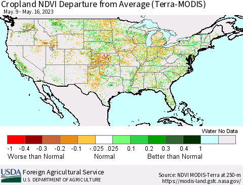 United States Cropland NDVI Departure from Average (Terra-MODIS) Thematic Map For 5/11/2023 - 5/20/2023