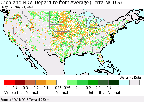 United States Cropland NDVI Departure from Average (Terra-MODIS) Thematic Map For 5/17/2023 - 5/24/2023