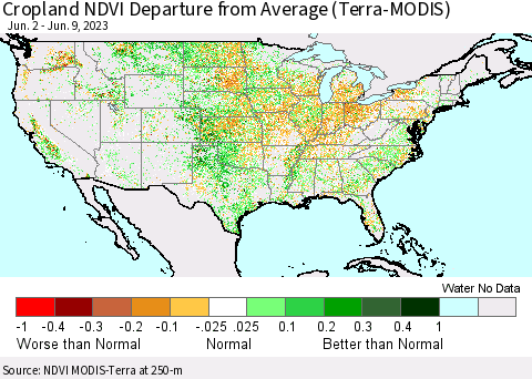 United States Cropland NDVI Departure from Average (Terra-MODIS) Thematic Map For 6/2/2023 - 6/9/2023