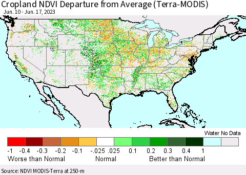 United States Cropland NDVI Departure from Average (Terra-MODIS) Thematic Map For 6/10/2023 - 6/17/2023