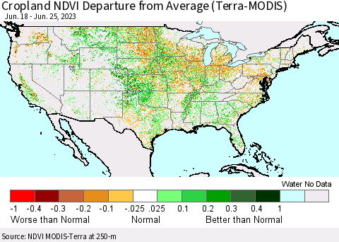 United States Cropland NDVI Departure from Average (Terra-MODIS) Thematic Map For 6/18/2023 - 6/25/2023