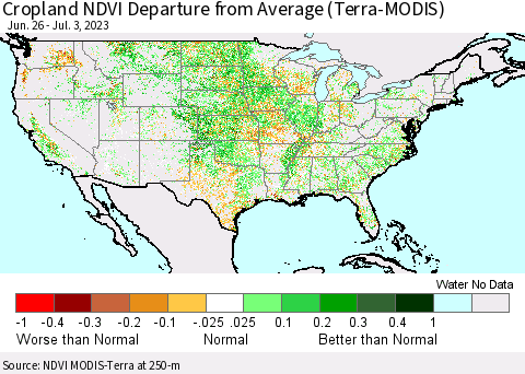 United States Cropland NDVI Departure from Average (Terra-MODIS) Thematic Map For 6/26/2023 - 7/3/2023