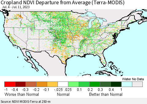 United States Cropland NDVI Departure from Average (Terra-MODIS) Thematic Map For 7/4/2023 - 7/11/2023