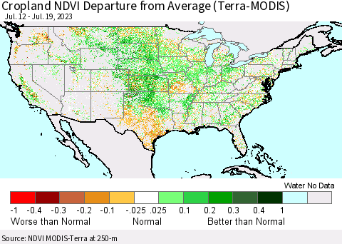 United States Cropland NDVI Departure from Average (Terra-MODIS) Thematic Map For 7/12/2023 - 7/19/2023