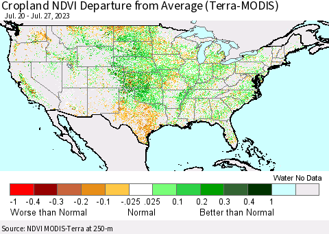 United States Cropland NDVI Departure from Average (Terra-MODIS) Thematic Map For 7/20/2023 - 7/27/2023