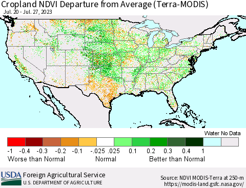United States Cropland NDVI Departure from Average (Terra-MODIS) Thematic Map For 7/21/2023 - 7/31/2023