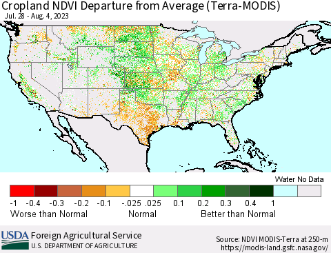 United States Cropland NDVI Departure from Average (Terra-MODIS) Thematic Map For 8/1/2023 - 8/10/2023