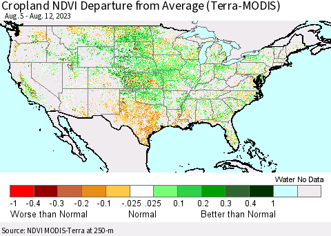 United States Cropland NDVI Departure from Average (Terra-MODIS) Thematic Map For 8/5/2023 - 8/12/2023