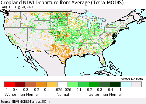 United States Cropland NDVI Departure from Average (Terra-MODIS) Thematic Map For 8/11/2023 - 8/20/2023