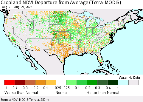 United States Cropland NDVI Departure from Average (Terra-MODIS) Thematic Map For 8/21/2023 - 8/28/2023