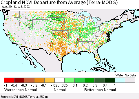 United States Cropland NDVI Departure from Average (Terra-MODIS) Thematic Map For 8/29/2023 - 9/5/2023