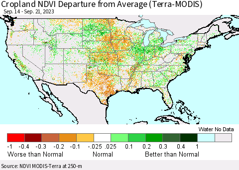 United States Cropland NDVI Departure from Average (Terra-MODIS) Thematic Map For 9/14/2023 - 9/21/2023