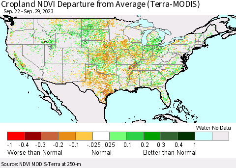 United States Cropland NDVI Departure from Average (Terra-MODIS) Thematic Map For 9/22/2023 - 9/29/2023