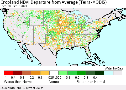 United States Cropland NDVI Departure from Average (Terra-MODIS) Thematic Map For 9/30/2023 - 10/7/2023