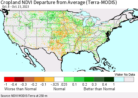 United States Cropland NDVI Departure from Average (Terra-MODIS) Thematic Map For 10/8/2023 - 10/15/2023