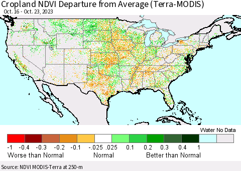 United States Cropland NDVI Departure from Average (Terra-MODIS) Thematic Map For 10/16/2023 - 10/23/2023