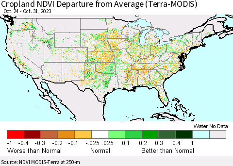 United States Cropland NDVI Departure from Average (Terra-MODIS) Thematic Map For 10/24/2023 - 10/31/2023