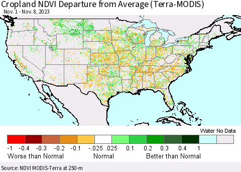 United States Cropland NDVI Departure from Average (Terra-MODIS) Thematic Map For 11/1/2023 - 11/8/2023