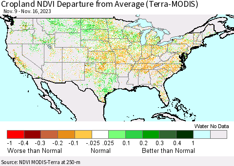 United States Cropland NDVI Departure from Average (Terra-MODIS) Thematic Map For 11/9/2023 - 11/16/2023