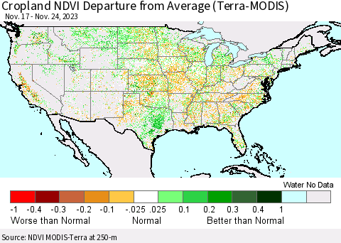 United States Cropland NDVI Departure from Average (Terra-MODIS) Thematic Map For 11/17/2023 - 11/24/2023