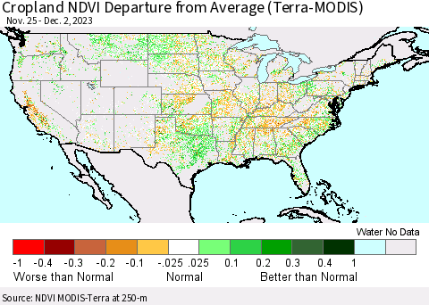 United States Cropland NDVI Departure from Average (Terra-MODIS) Thematic Map For 11/25/2023 - 12/2/2023