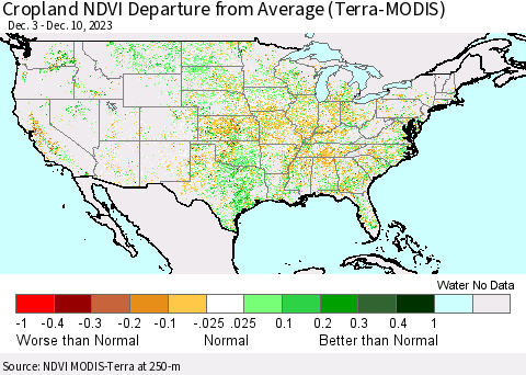 United States Cropland NDVI Departure from Average (Terra-MODIS) Thematic Map For 12/3/2023 - 12/10/2023