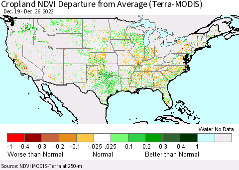 United States Cropland NDVI Departure from Average (Terra-MODIS) Thematic Map For 12/19/2023 - 12/26/2023