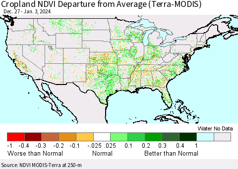 United States Cropland NDVI Departure from Average (Terra-MODIS) Thematic Map For 12/27/2023 - 1/3/2024