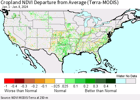 United States Cropland NDVI Departure from Average (Terra-MODIS) Thematic Map For 1/1/2024 - 1/8/2024
