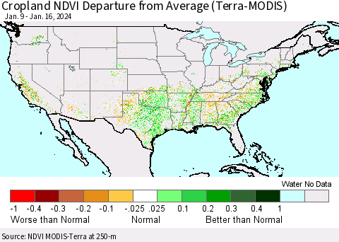 United States Cropland NDVI Departure from Average (Terra-MODIS) Thematic Map For 1/9/2024 - 1/16/2024