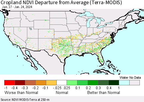 United States Cropland NDVI Departure from Average (Terra-MODIS) Thematic Map For 1/17/2024 - 1/24/2024