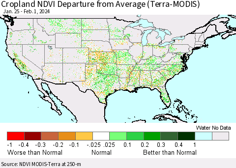 United States Cropland NDVI Departure from Average (Terra-MODIS) Thematic Map For 1/25/2024 - 2/1/2024