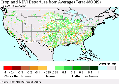 United States Cropland NDVI Departure from Average (Terra-MODIS) Thematic Map For 2/10/2024 - 2/17/2024