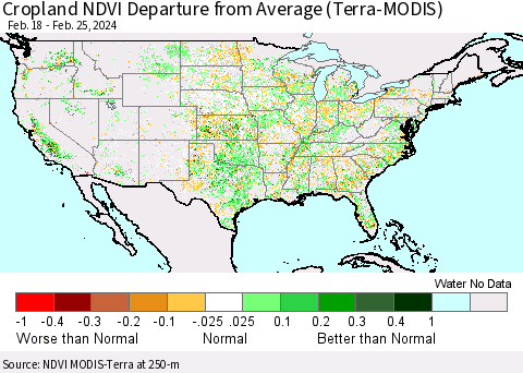 United States Cropland NDVI Departure from Average (Terra-MODIS) Thematic Map For 2/18/2024 - 2/25/2024
