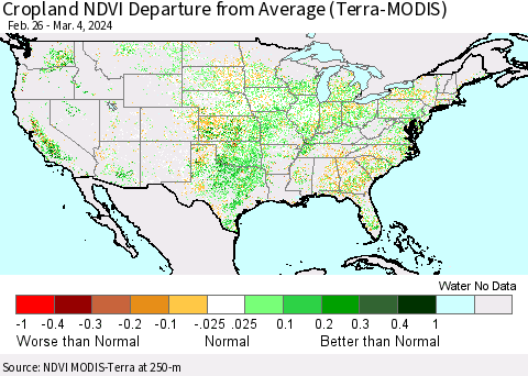 United States Cropland NDVI Departure from Average (Terra-MODIS) Thematic Map For 2/26/2024 - 3/4/2024