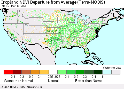 United States Cropland NDVI Departure from Average (Terra-MODIS) Thematic Map For 3/5/2024 - 3/12/2024