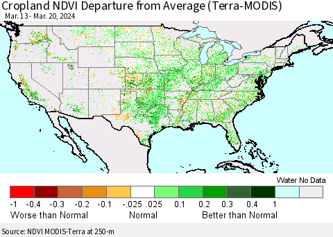 United States Cropland NDVI Departure from Average (Terra-MODIS) Thematic Map For 3/13/2024 - 3/20/2024