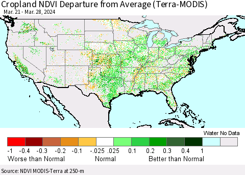 United States Cropland NDVI Departure from Average (Terra-MODIS) Thematic Map For 3/21/2024 - 3/28/2024