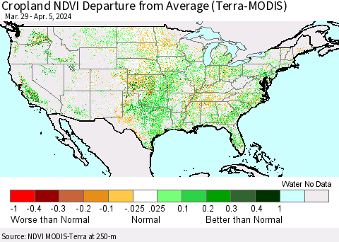 United States Cropland NDVI Departure from Average (Terra-MODIS) Thematic Map For 3/29/2024 - 4/5/2024